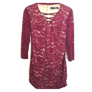 Maroonish lace dress w/ choker and a v neck look